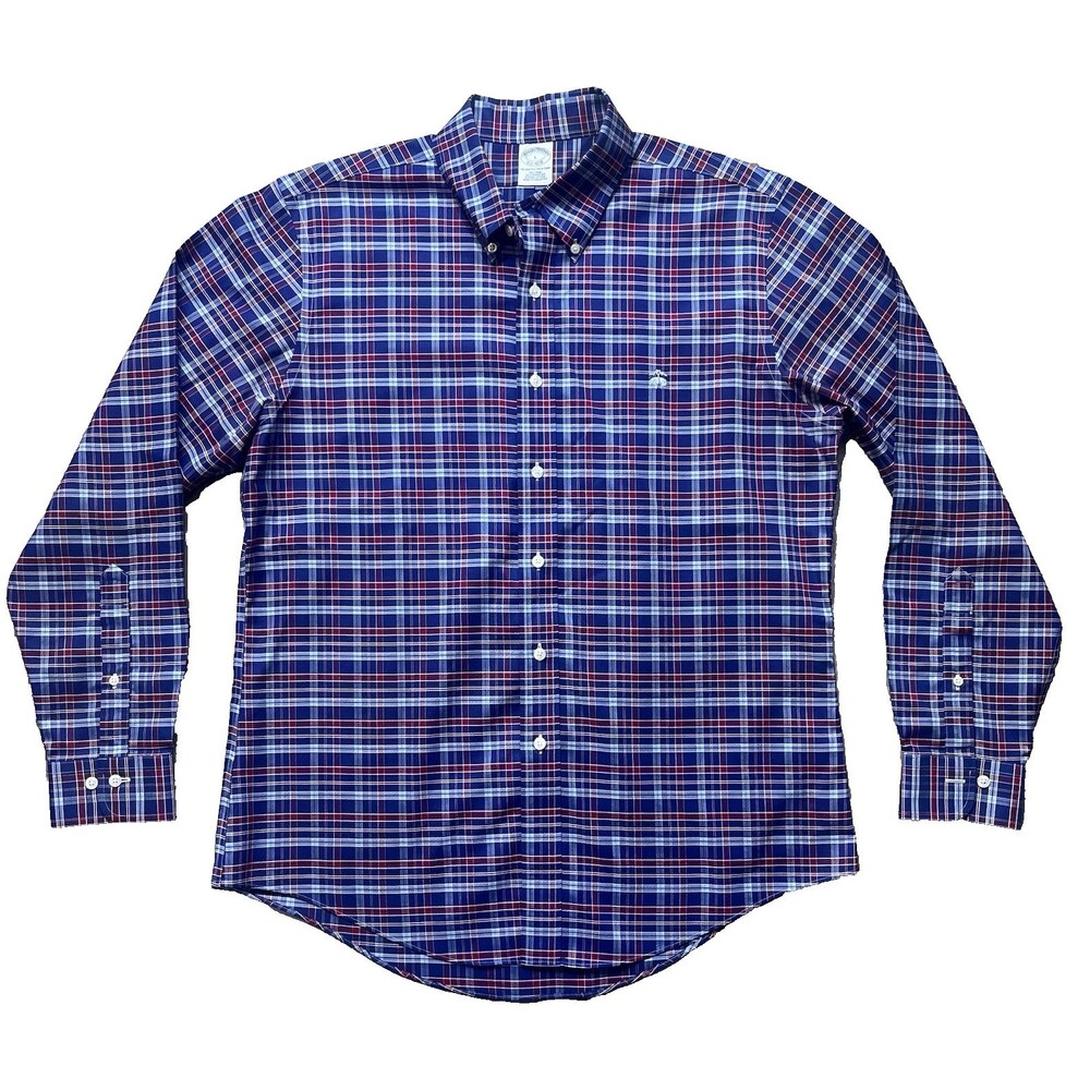 Brooks Brothers Shirt Mens Large Non Iron Blue Red Plaid Long Sleeve Logo